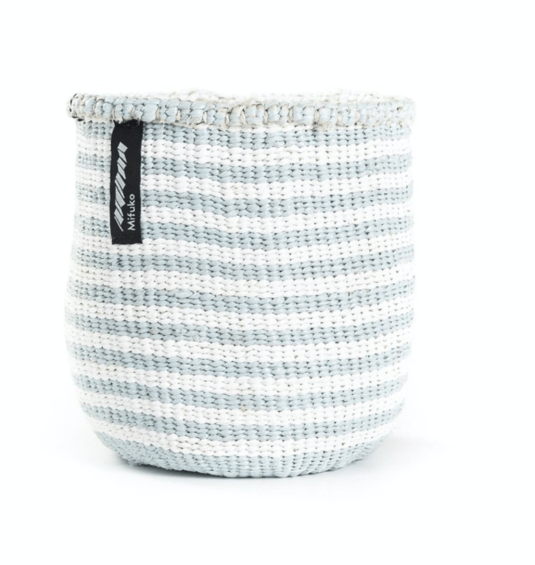 Mifuko - Small Basket with White and Pale Blue Stripes - White / Pale Blue