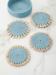 Sky Blue Rattan Coaster with Cowrie Shell