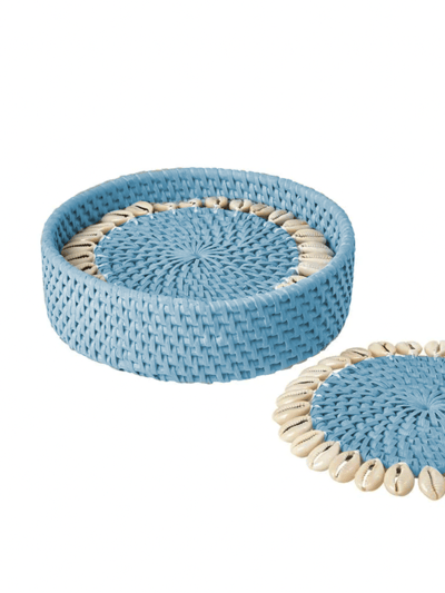 BEACH HAUS Sky Blue Rattan Coaster with Cowrie Shell product