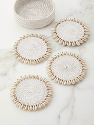 White Rattan Coaster With Cowrie Shell