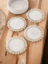 White Rattan Coaster With Cowrie Shell - Natural