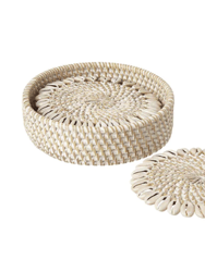 White Wash Rattan Coaster With Cowrie Shell