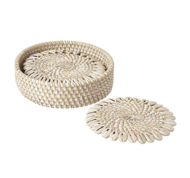 White Wash Rattan Coaster With Cowrie Shell