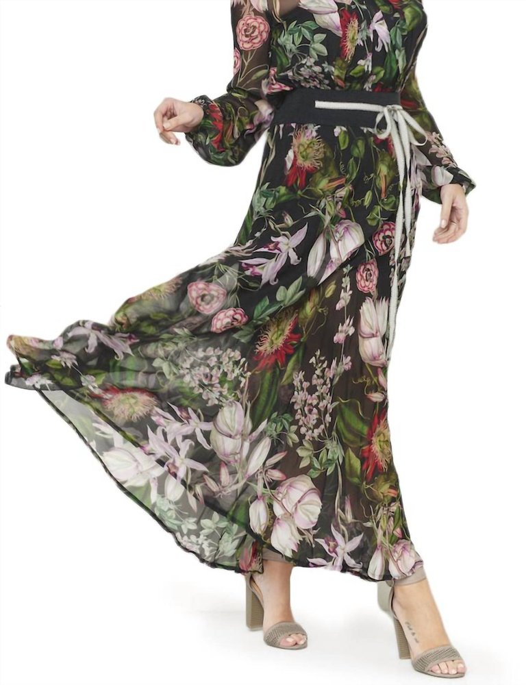 Botanical Long Sleeve Maxi Dress In Black Multi - Black Multi