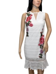 Floral Embroidered Sleeveless Lace Dress - White