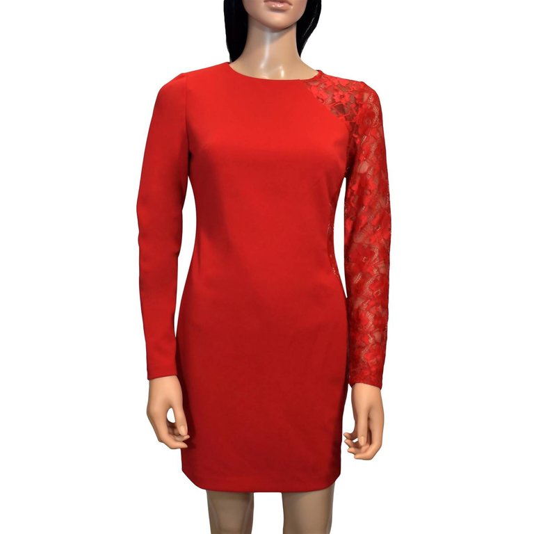 Lace Long Sleeves Knee Length Detailed Sheath Dress - Red