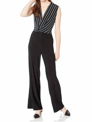 Women Wrap Sleeveless Cotton Jumpsuit - Black Striped