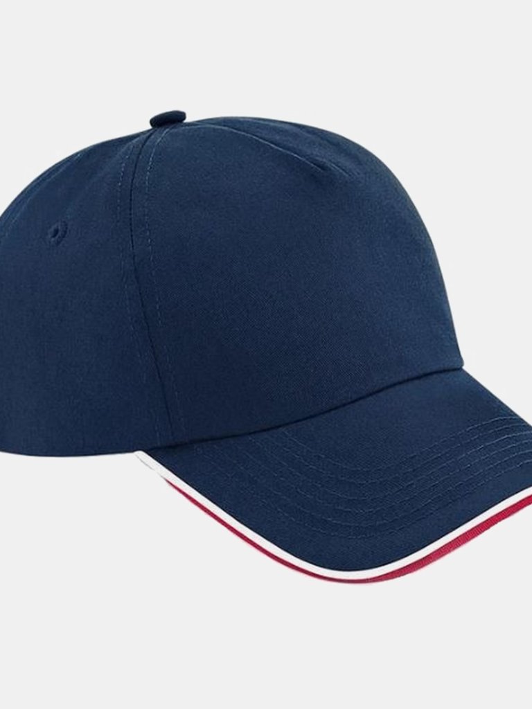 Adults Unisex Authentic 5 Panel Piped Peak Cap - French Navy/Classic Red/White - French Navy/Classic Red/White