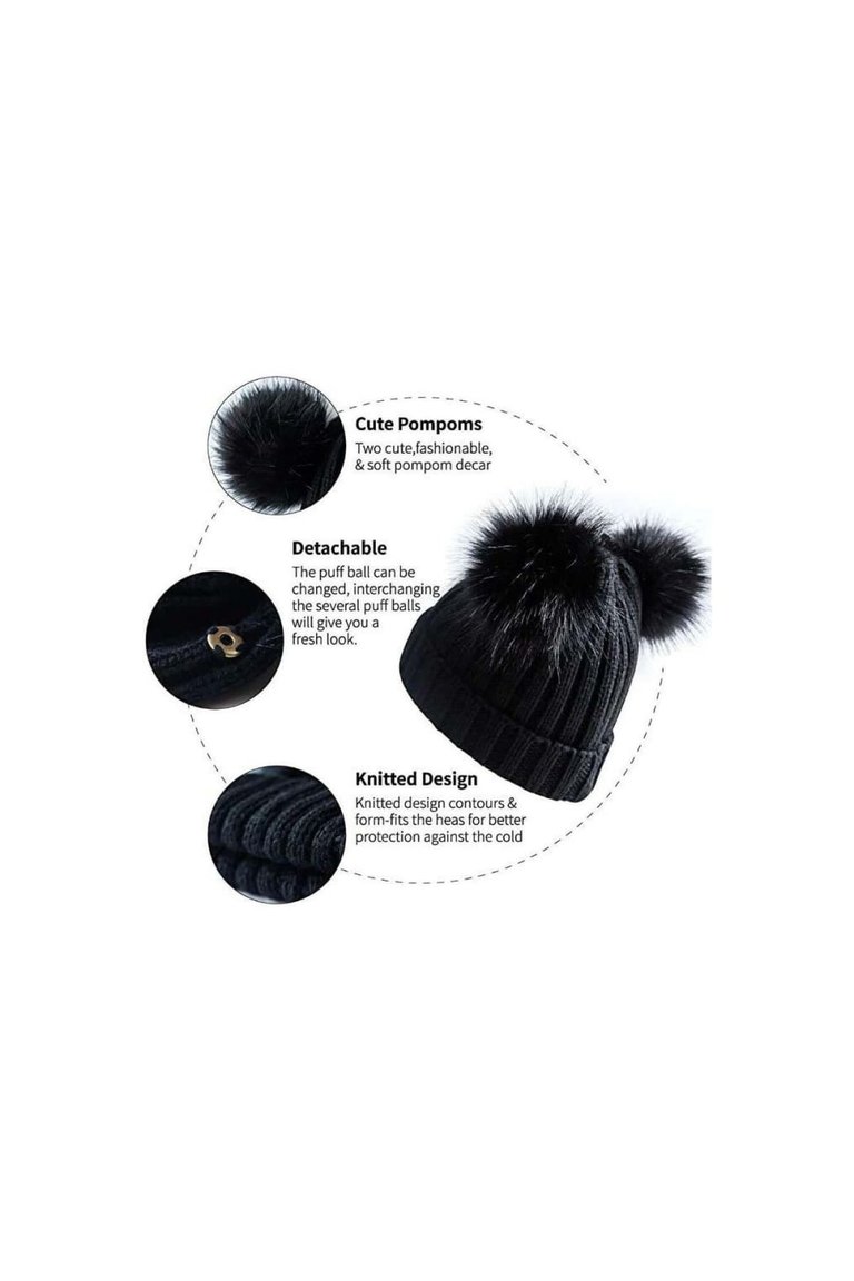 Babys Faux Fur Double Pom Pom Beanie (Black)