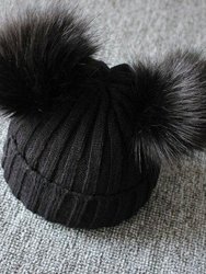 Babys Faux Fur Double Pom Pom Beanie (Black)