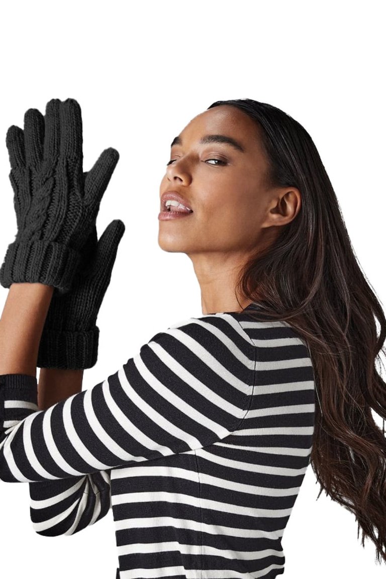 Cable Knit Melange Gloves - Black