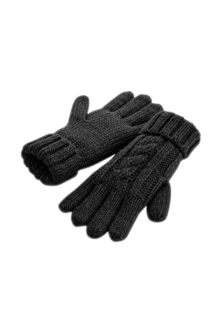 Cable Knit Melange Gloves - Black - Black