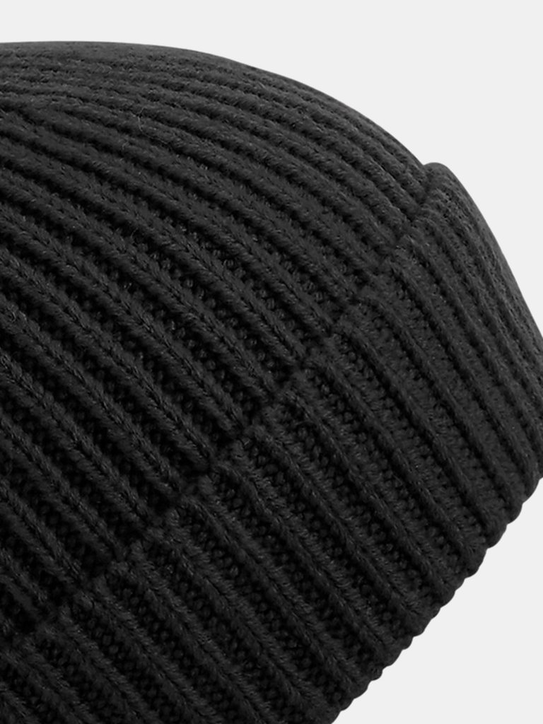 Unisex Engineered Knit Ribbed Beanie - Black