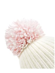 Unisex Shimmer Pom Pom Beanie - Off White/Pastel Pink