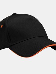 Unisex Ultimate 5 Panel Contrast Baseball Cap With Sandwich Peak- Black/Orange - Black/Orange