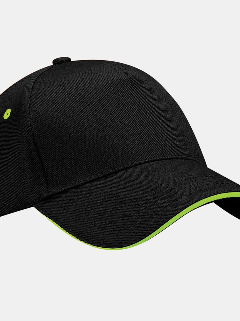 Unisex Ultimate 5 Panel Contrast Baseball Cap With Sandwich Peak Pack Of 2 - Black/Lime Green - Black/Lime Green