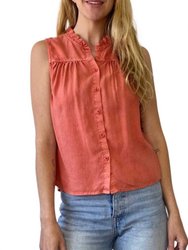 Slvless Ruffle Neck Button Down - Red Clay