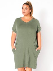Plus Size V-Neck T-shirt Dress With Pocket - Olive