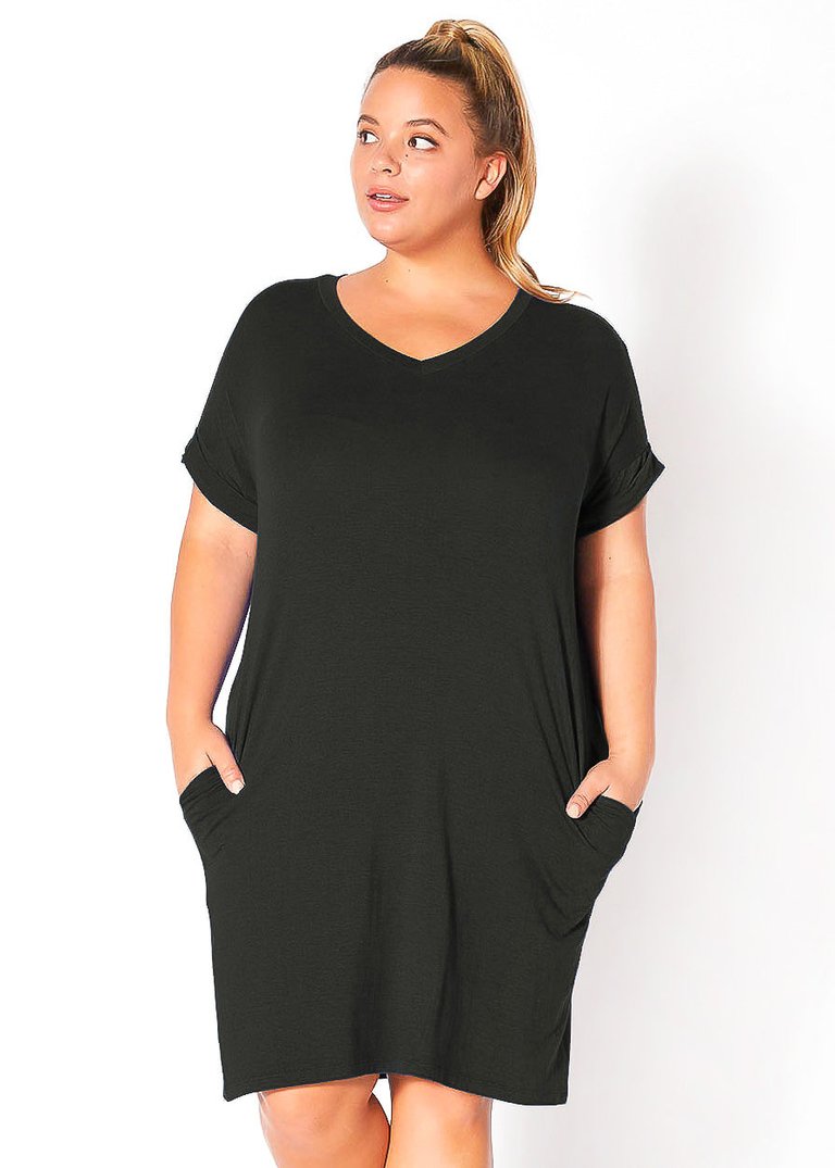 Plus Size V-Neck T-shirt Dress With Pocket - Black