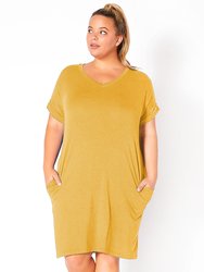 Plus Size V-Neck T-shirt Dress With Pocket - Mustard