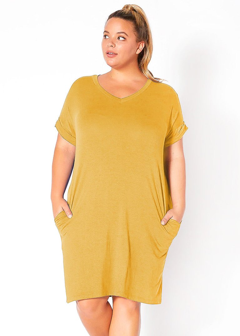 Plus Size V-Neck T-shirt Dress With Pocket - Mustard