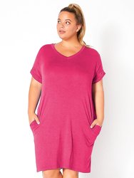Plus Size V-Neck T-shirt Dress With Pocket - Hot Pink