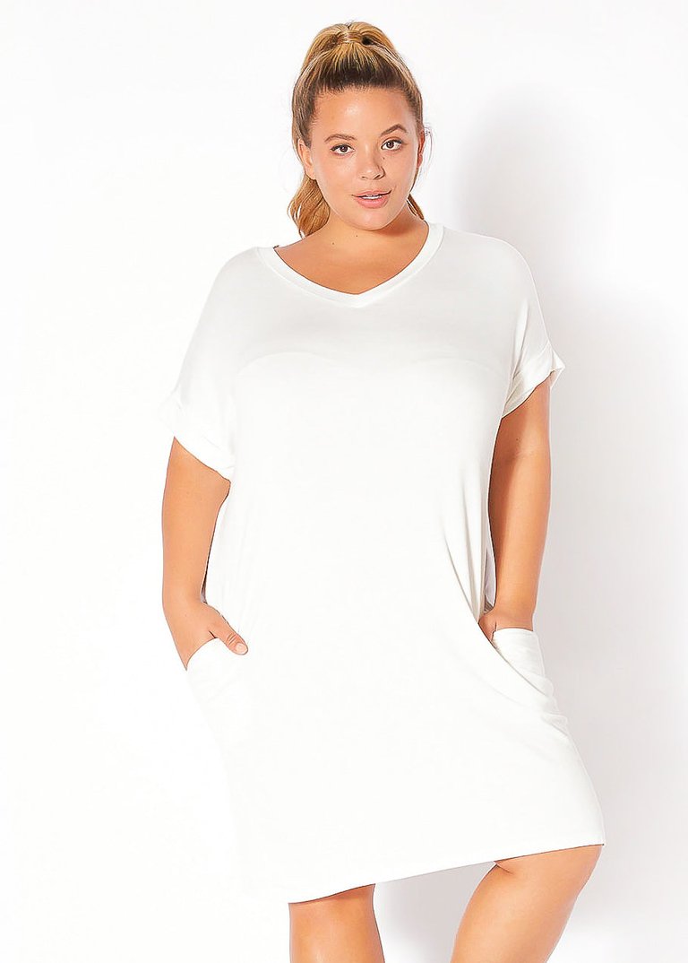 Plus Size V-Neck T-shirt Dress With Pocket - White