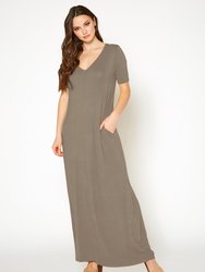 V-Neck Short Sleeve Maxi Dress With Pockets - Tan