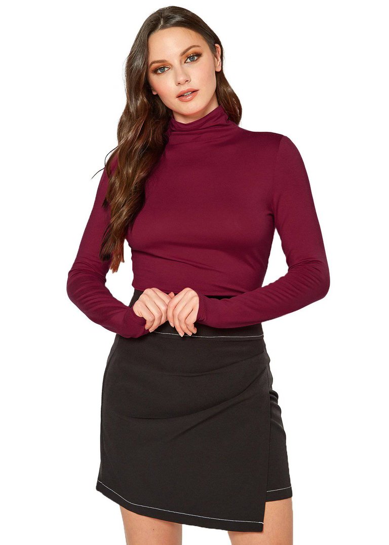 Women's Long Sleeve Turtle Neck Fitted Top - Darkred