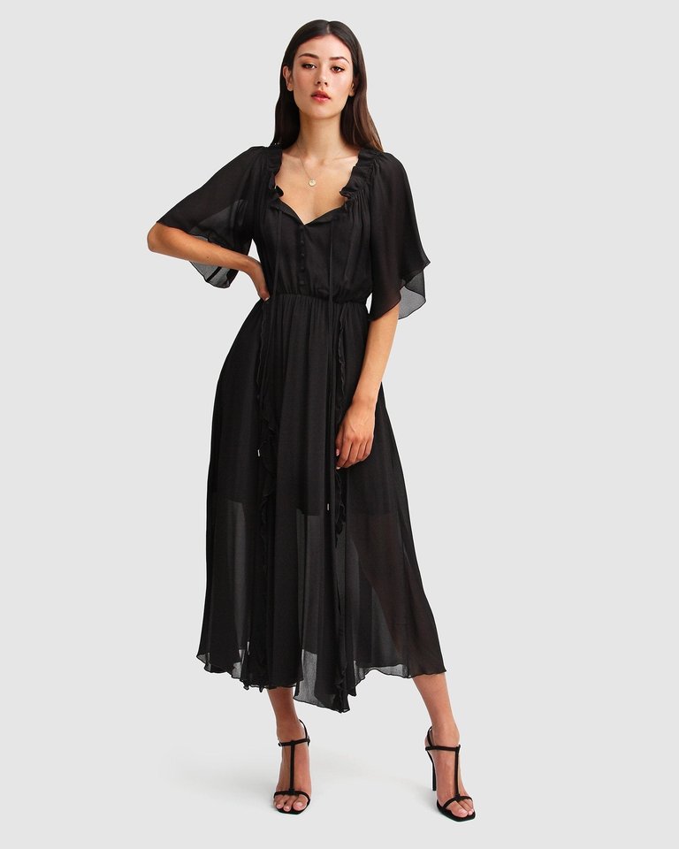 Amour Amour Ruffled Midi Dress - Black - Black