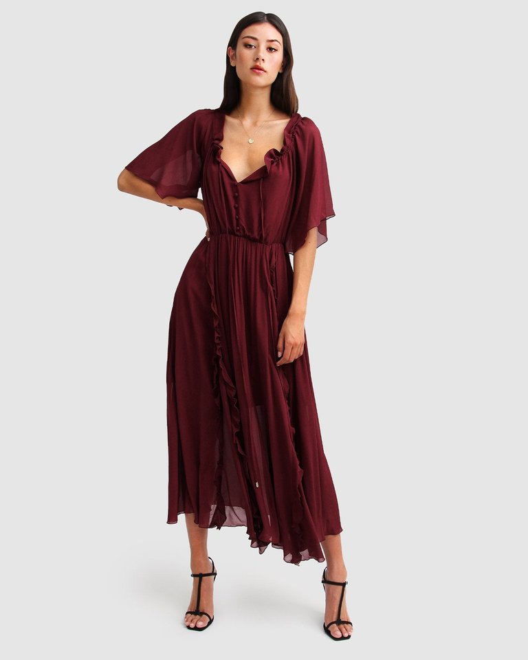 Amour Amour Ruffled Midi Dress - Burgundy - Burgundy