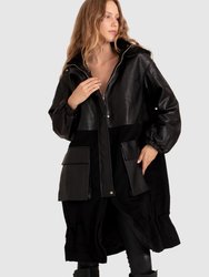 Back To Black Oversized Leather Panelled Coat - Black