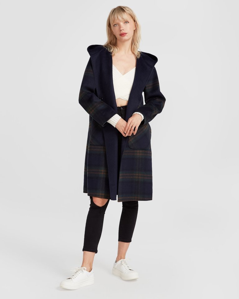 Walk This Way Wool Blend Oversized Coat - French Navy Plaid - French Navy Plaid