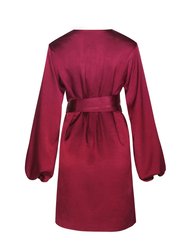 Aurora Long Sleeve Satin Wrap Dress- Rouge