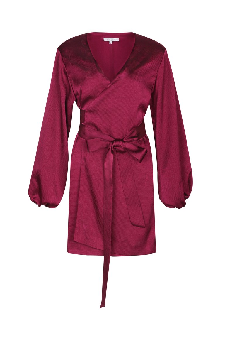 Aurora Long Sleeve Satin Wrap Dress- Rouge - Rouge