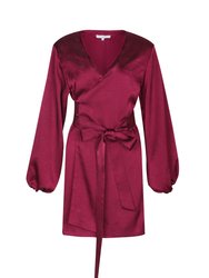 Aurora Long Sleeve Satin Wrap Dress- Rouge - Rouge