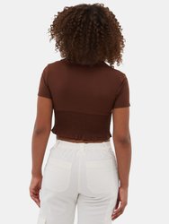 Constance Collared Wrap Crop Top - Chocolate Brown