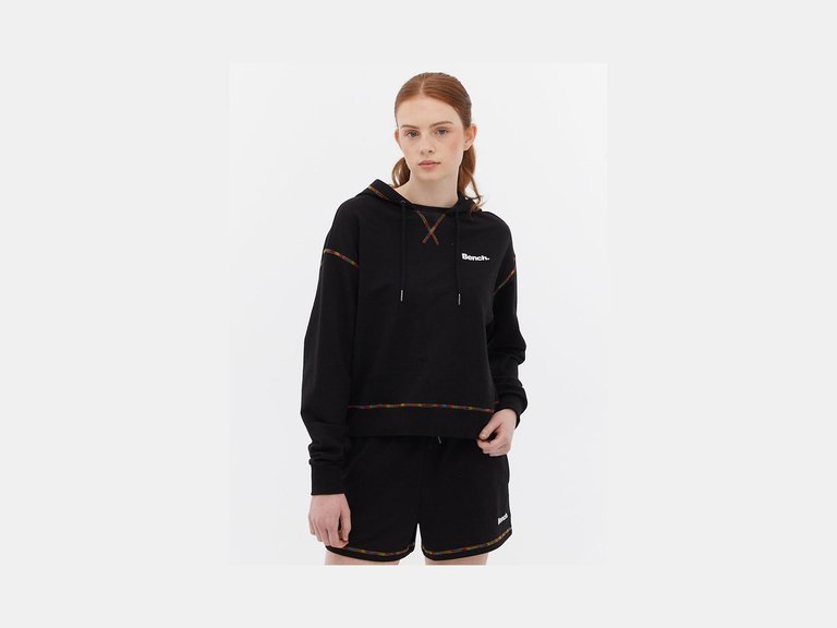 French Terry Cropped Hoodie With Multi Colour Stitch - Black