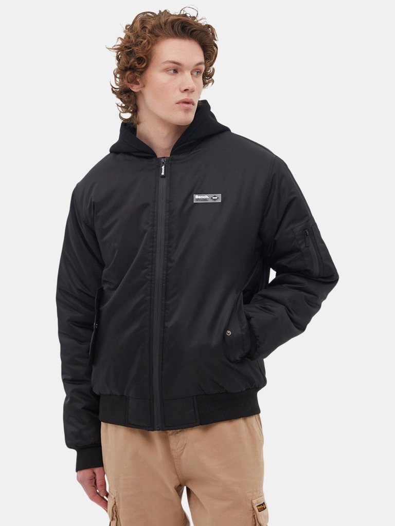 Mens Bomper Fleece Hood Bomber Jacket - Black