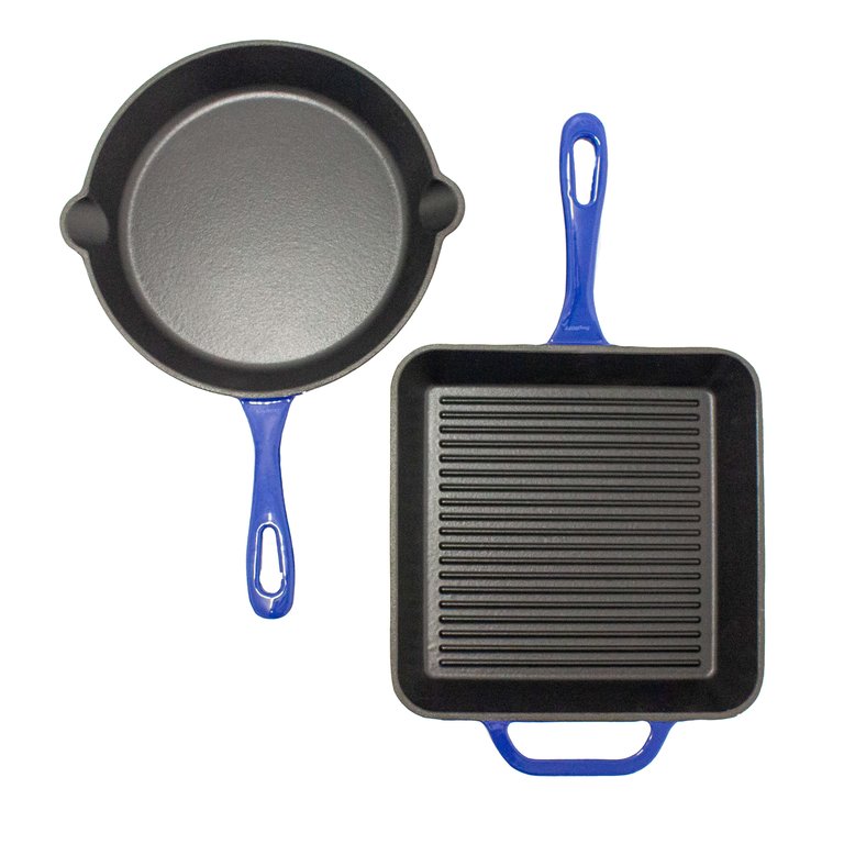 2Pc Enamel Cast Iron 10" Fry Pan And 10" Grill Pan Set - Blue - Blue
