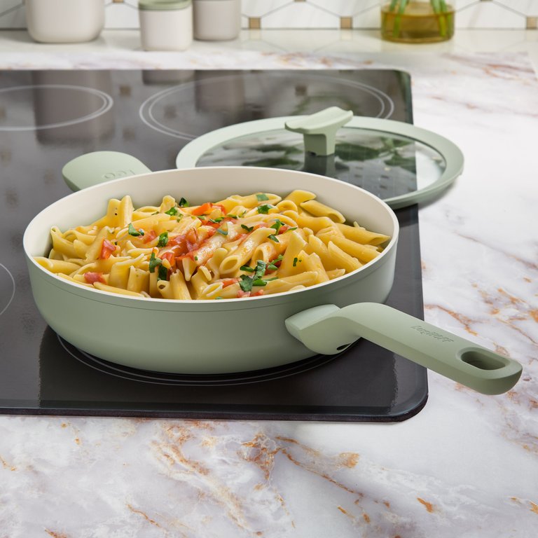 Balance Non-stick Ceramic Sauté Pan (Long Handle) 10.25", 3.1qt. With Glass Lid, Recycled Aluminum, Sage