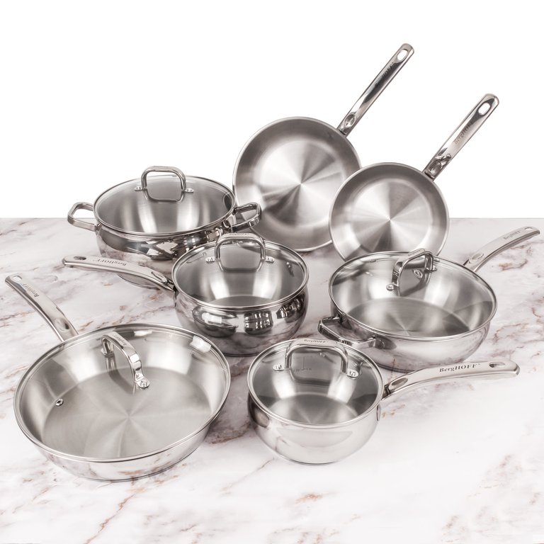 Belly Shape 12pc 18/10 Stainless Steel Cookware Set, Glass Lids