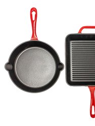 BergHOFF 2Pc Enamel Cast Iron 10" Fry Pan & 10" Grill Pan Set, Red - Red
