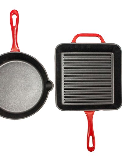 BergHOFF BergHOFF 2Pc Enamel Cast Iron 10" Fry Pan & 10" Grill Pan Set, Red product