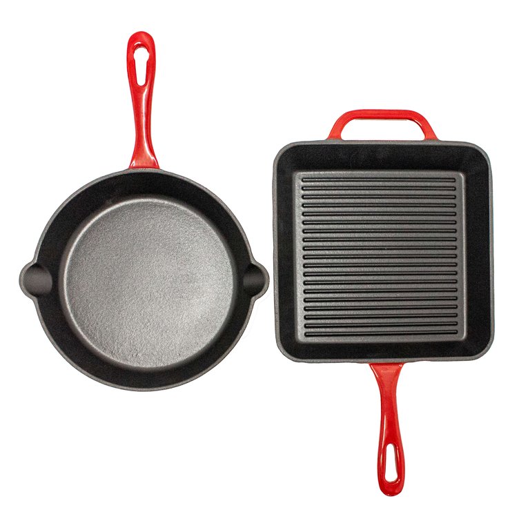 BergHOFF 2Pc Enamel Cast Iron 10" Fry Pan & 10" Grill Pan Set, Red - Red