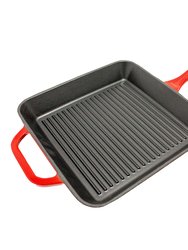 BergHOFF 2Pc Enamel Cast Iron 10" Fry Pan & 10" Grill Pan Set, Red