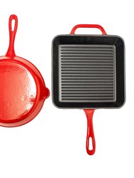 BergHOFF 2Pc Enamel Cast Iron 10" Fry Pan & 10" Grill Pan Set, Red