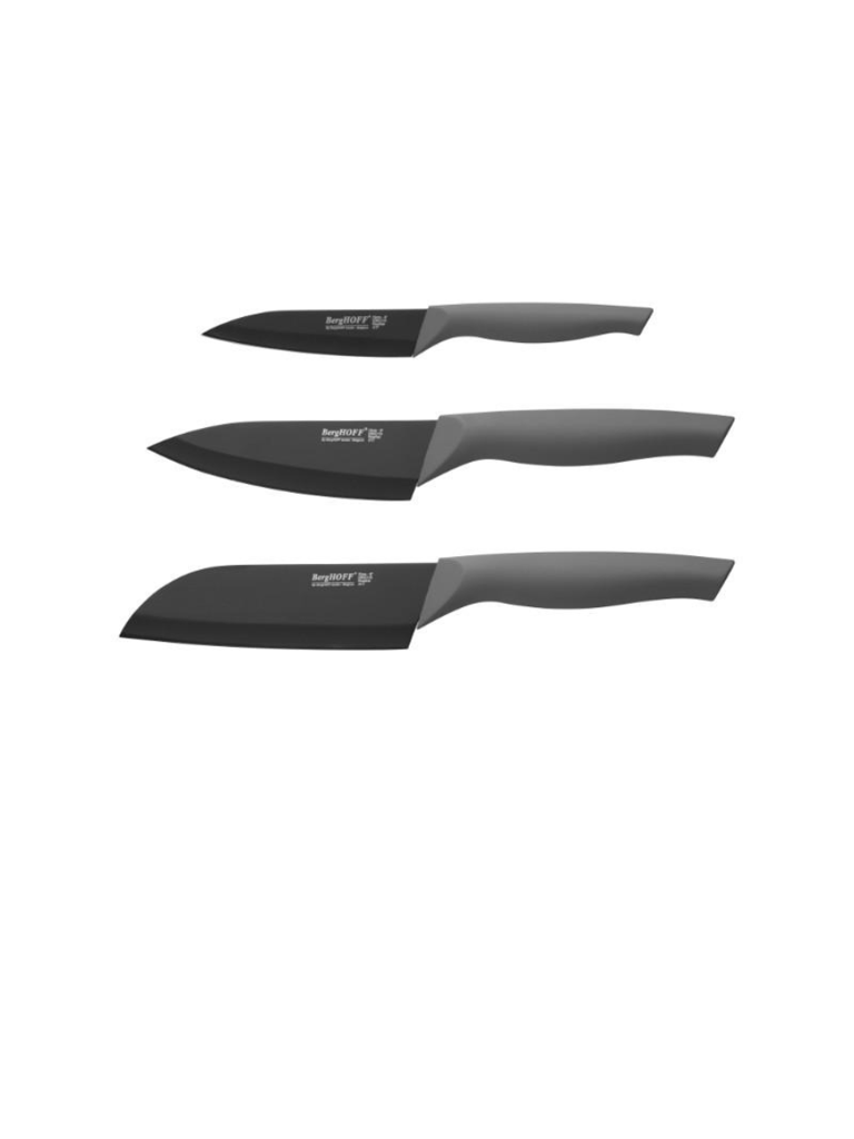 BergHOFF Essentials Ergo 3Pc Stainless Steel Knife Set with Sleeves: 4" Paring, 5" Chef & 5.5" Santoku