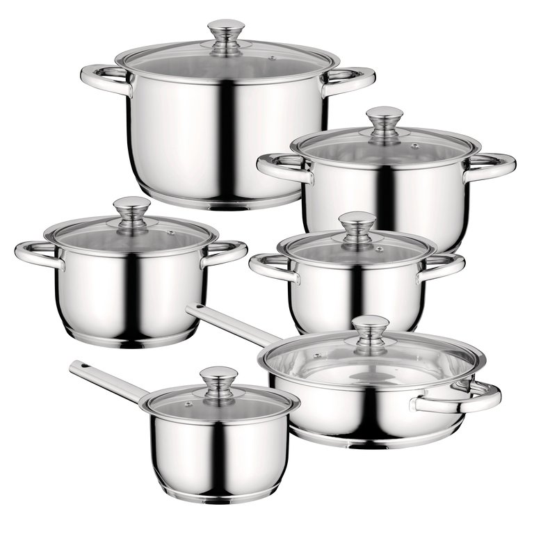 BergHOFF Essentials Gourmet 12Pc 18/10 Stainless Steel Cookware Set, Black Handles