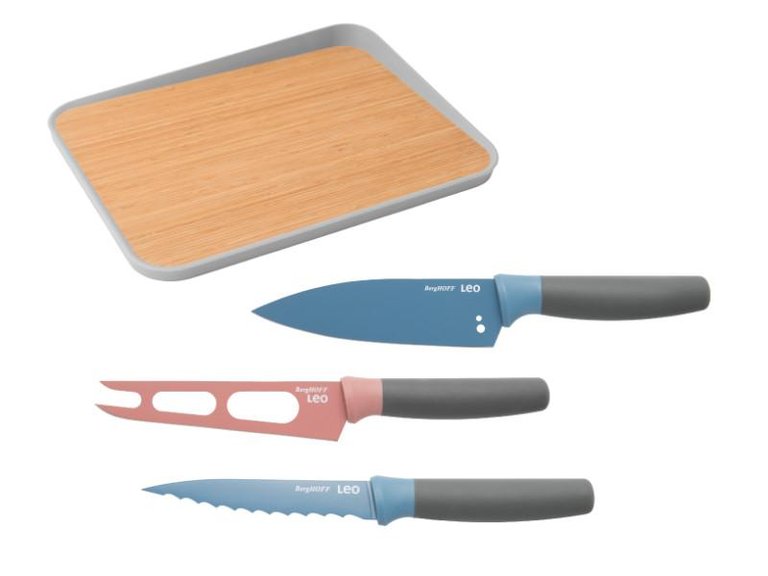 BergHOFF Leo 4PC Stainless Steel Knife Set with 16" Bamboo Cutting Board